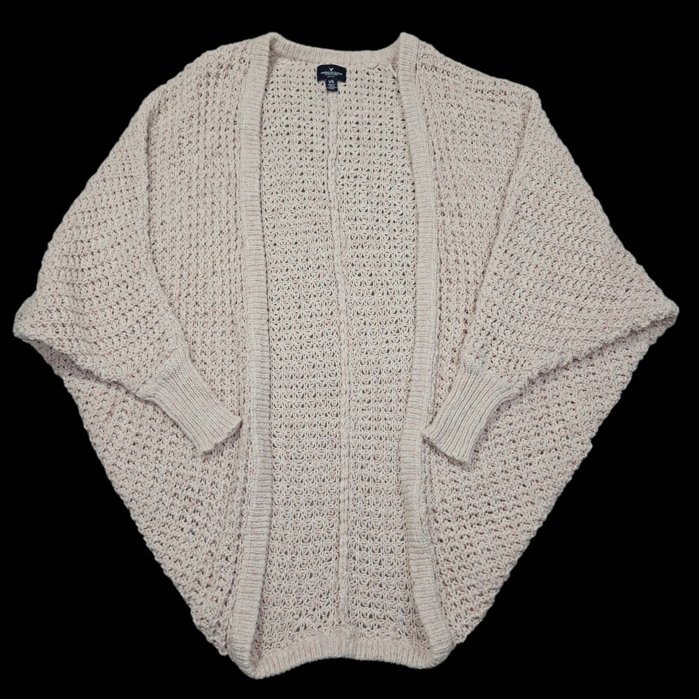 American Eagle Cocoon Cardigan Sweater Pointelle Knit Cream Marl Sz L/XL